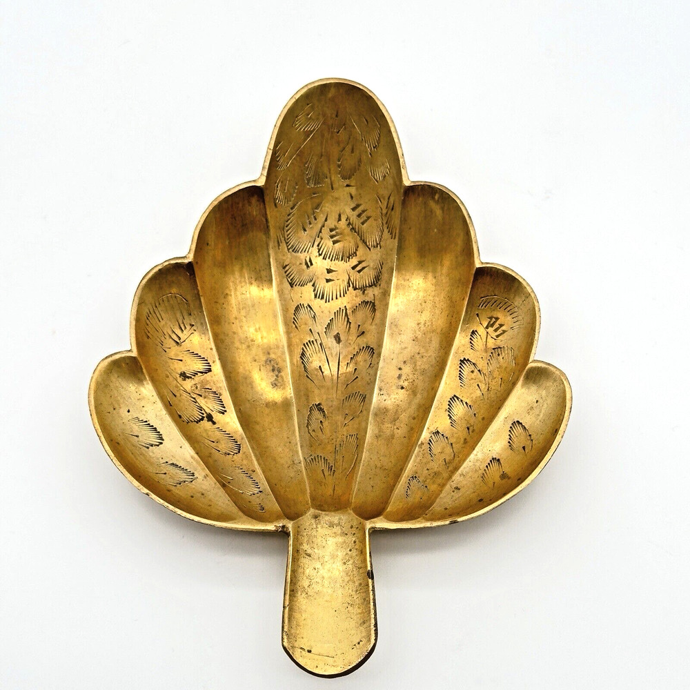 Vintage Solid Brass Leaf Trinket Dish Soap Catchall Candy Ashtray Footed 7"